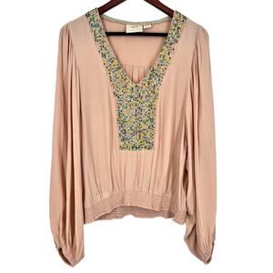 Anthropologie MSRP $120 Maeve Medium Peach Long Sleeve Blouse Shirt Top Boho